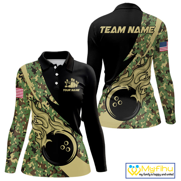 Women bowling polo, quarter zip shirts Custom green camo bowling team jerseys, gift for team Bowlers NQS10053