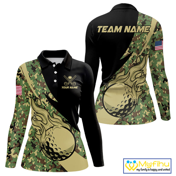 Women Golf polo shirt flame golf ball Custom green camo ladies Golf attire, personalized golf gifts NQS10052
