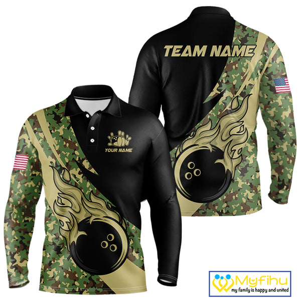 Mens bowling polo, quarter zip shirts Custom green camo bowling team jerseys, gift for team Bowlers NQS10053