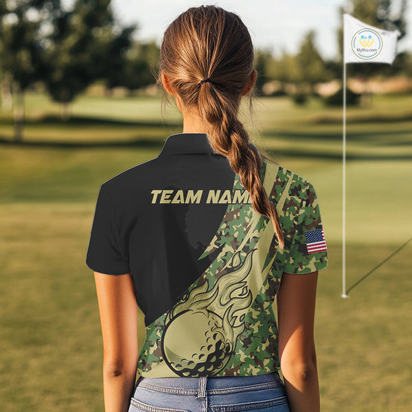 Women Golf polo shirt flame golf ball Custom green camo ladies Golf attire, personalized golf gifts NQS10052