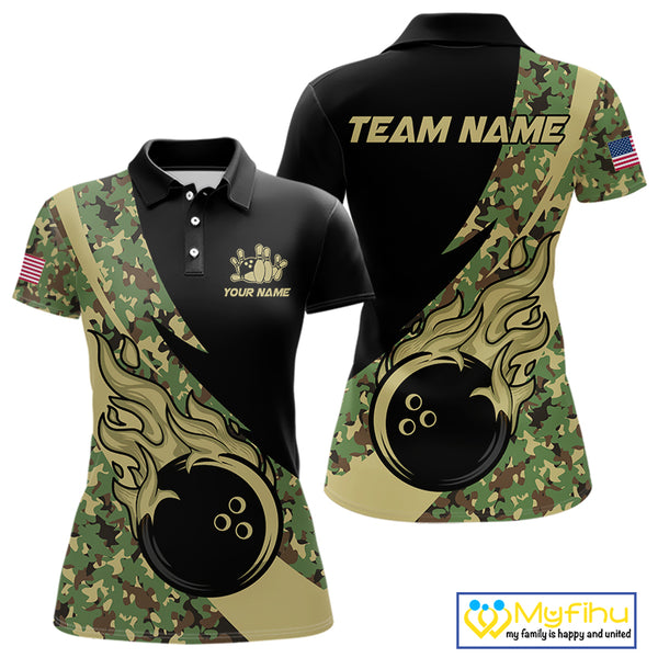 Women bowling polo, quarter zip shirts Custom green camo bowling team jerseys, gift for team Bowlers NQS10053
