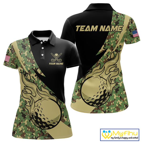 Women Golf polo shirt flame golf ball Custom green camo ladies Golf attire, personalized golf gifts NQS10052