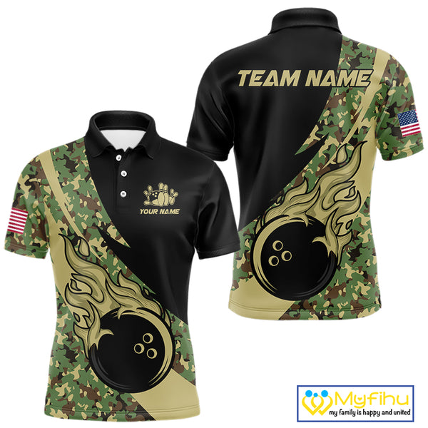 Mens bowling polo, quarter zip shirts Custom green camo bowling team jerseys, gift for team Bowlers NQS10053