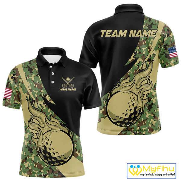 Mens Golf polo shirts flame golf ball Custom green camo Golf attire For Mens, personalized golf gifts NQS10052