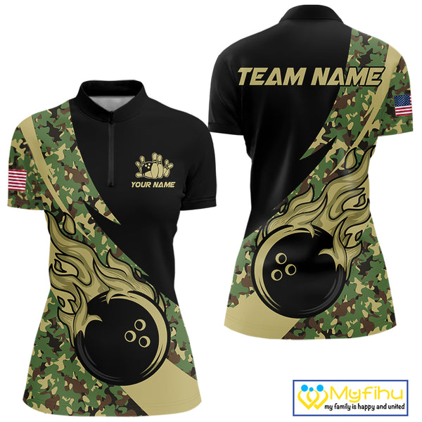 Women bowling polo, quarter zip shirts Custom green camo bowling team jerseys, gift for team Bowlers NQS10053