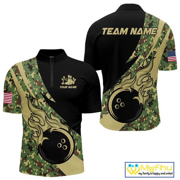 Mens bowling polo, quarter zip shirts Custom green camo bowling team jerseys, gift for team Bowlers NQS10053