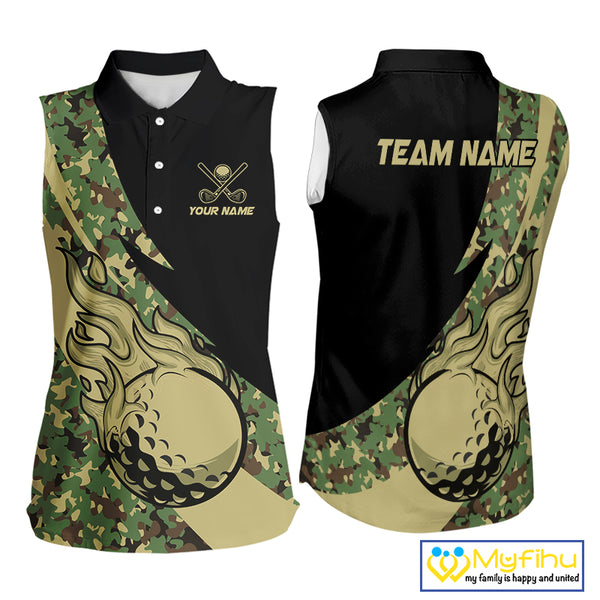 Women Sleeveless polos shirt flame golf Custom green camo ladies Golf attire, personalized golf gifts NQS10052