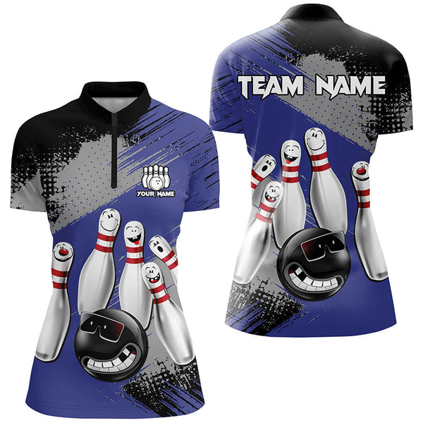 Blue Retro Bowling Shirt For Women Custom Funny Bowling Jersey Team League Bowling Polo, 1/4 Zip Shirt NQS8398