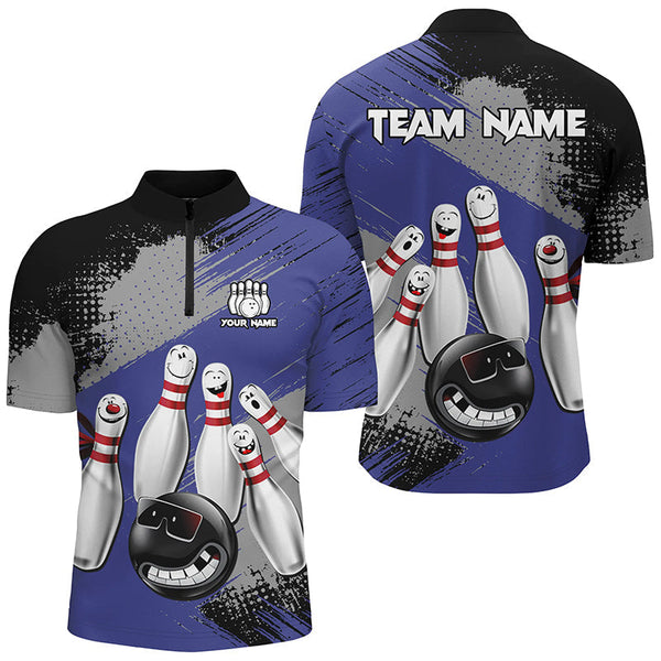 Blue Retro Bowling Shirt For Men Custom Funny Bowling Jersey Team League Bowling Polo, 1/4 Zip Shirt NQS8398