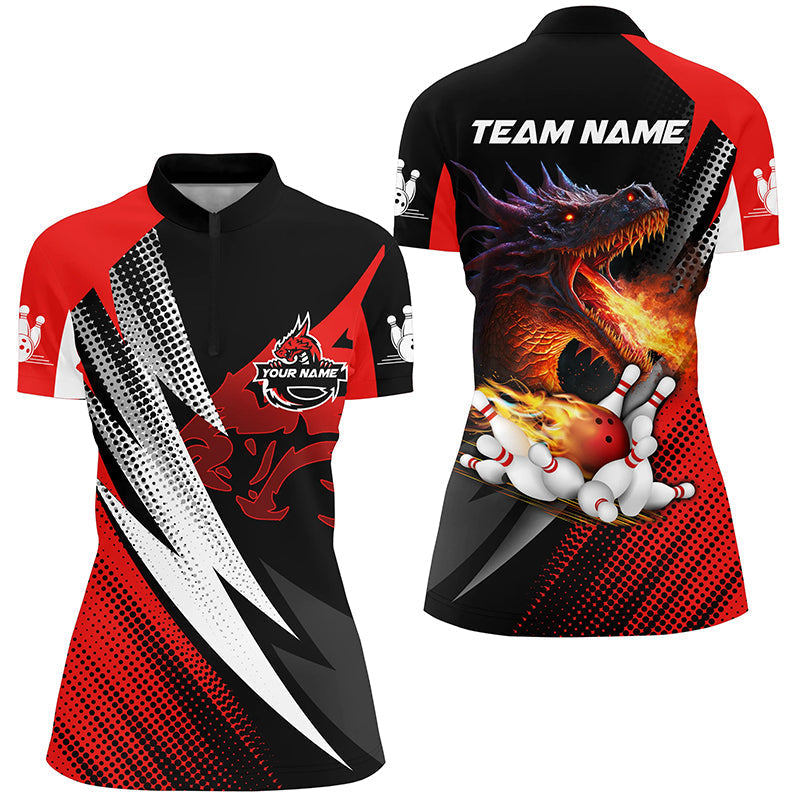Red & black Flame Dragon Bowling balls pins custom bowling Quarter Zip shirts for women bowler jerseys NQS6497