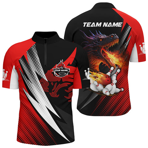 Red & black Flame Dragon Bowling balls pins custom bowling Quarter Zip shirts for men, bowling jerseys NQS6497