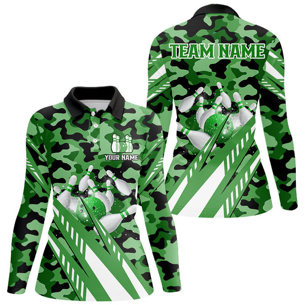 Custom Green Camo Bowling Shirts For Women, Personalized Bowling Team Jerseys NQS8609