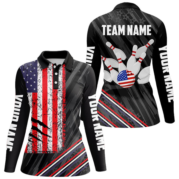 Personalized Black Camo American Flag Bowling Team Shirt For Women, Patriotic Bowling Gift For Bowlers NQS8611