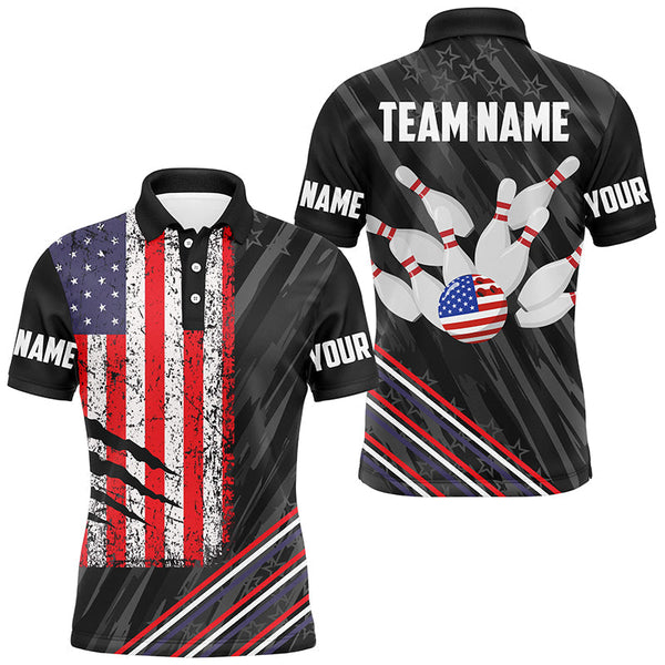 Personalized Black Camo American Flag Bowling Team Shirts For Men, Patriotic Bowling Gifts For Bowlers NQS8611