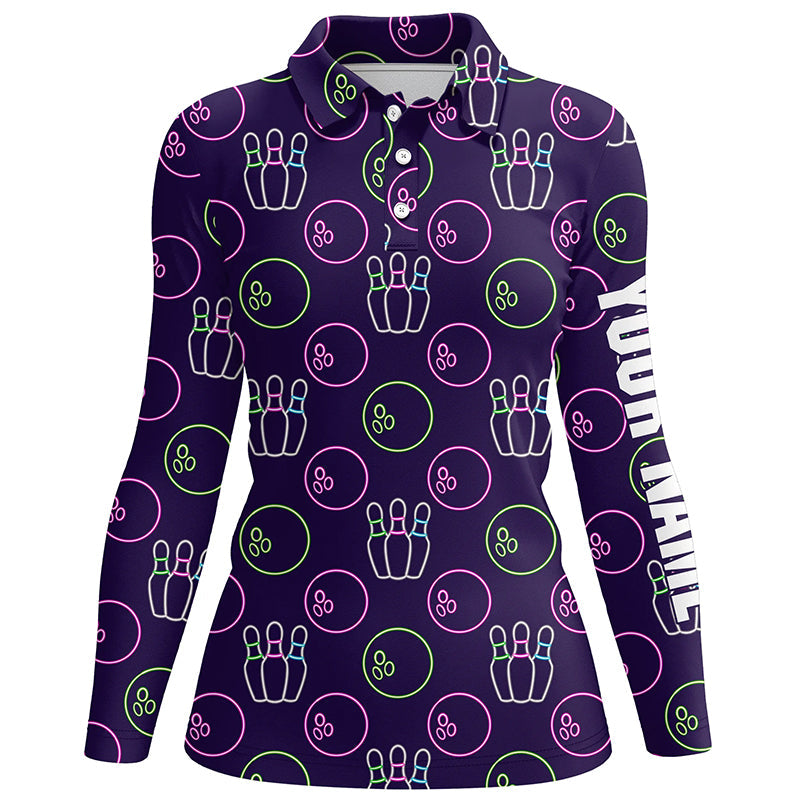 Purple Neon Bowling seamless pattern Custom Women bowling polo shirt, bowling team league jerseys NQS6762