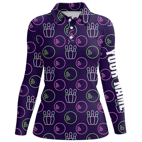 Purple Neon Bowling seamless pattern Custom Women bowling polo shirt, bowling team league jerseys NQS6762