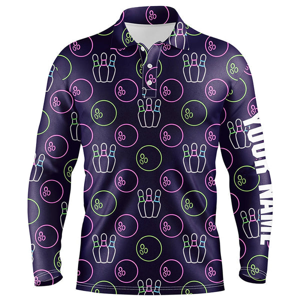 Purple Neon Bowling seamless pattern Custom Mens bowling polo shirts, bowling team league jerseys NQS6762