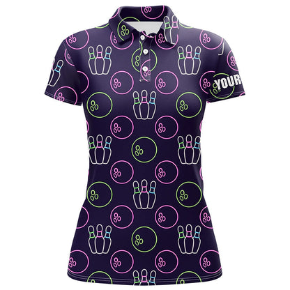 Purple Neon Bowling seamless pattern Custom Women bowling polo shirt, bowling team league jerseys NQS6762
