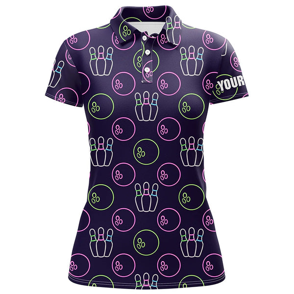Purple Neon Bowling seamless pattern Custom Women bowling polo shirt, bowling team league jerseys NQS6762