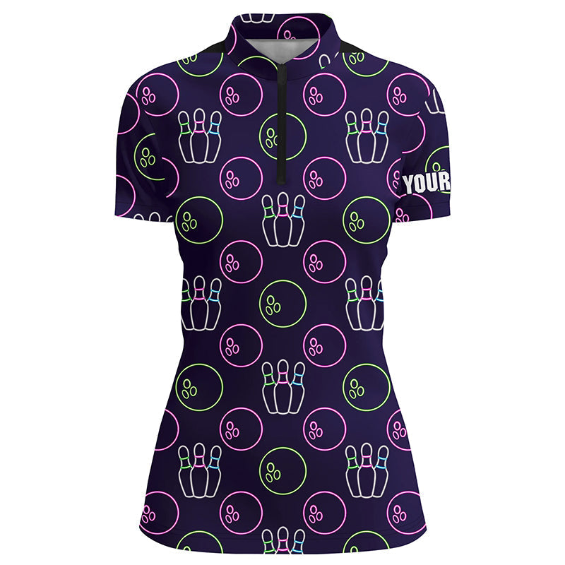 Purple Neon Bowling seamless pattern Custom Women bowling Quarter Zip shirt bowling team league jersey NQS6762