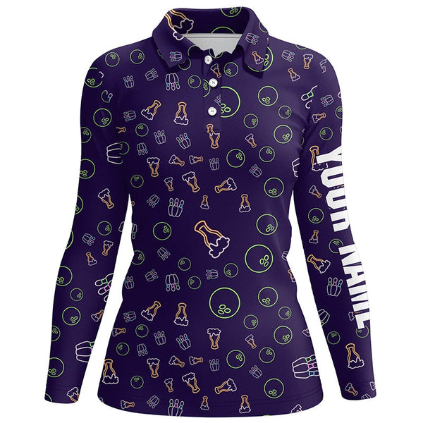 Neon beer glowing Bowling pattern Custom Women bowling polo shirt, bowling team league jerseys NQS6763