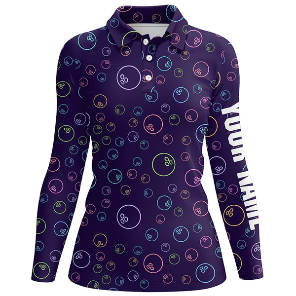 Purple Neon Bowling ball glowing pattern Custom Women bowling polo shirt, bowling team league jerseys NQS6764