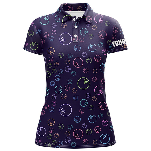 Purple Neon Bowling ball glowing pattern Custom Women bowling polo shirt, bowling team league jerseys NQS6764