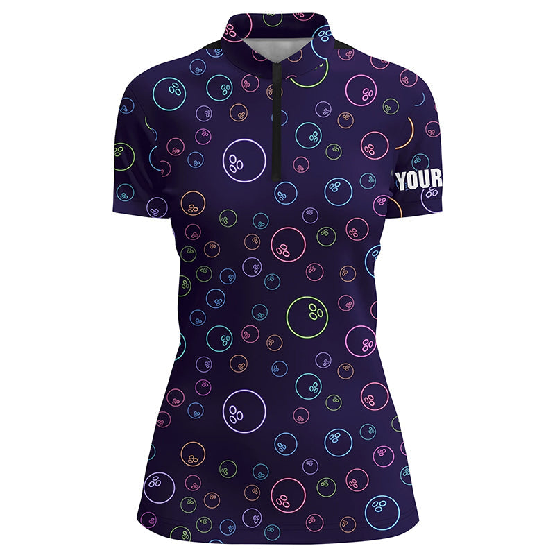 Purple Neon Bowling ball glowing pattern Custom Women bowling Quarter Zip shirt team league jerseys NQS6764