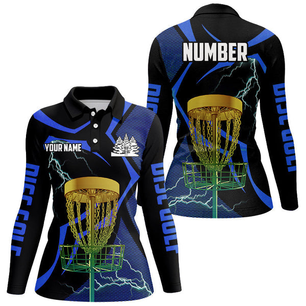 Black and Blue Women disc golf polo shirt custom lightning thunder disc golf basket, disc golf gift NQS9088