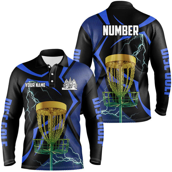 Black and Blue Men disc golf polo shirt custom lightning thunder disc golf basket, disc golf gifts NQS9088