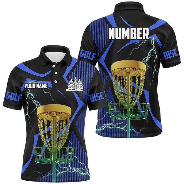 Black and Blue Men disc golf polo shirt custom lightning thunder disc golf basket, disc golf gifts NQS9088