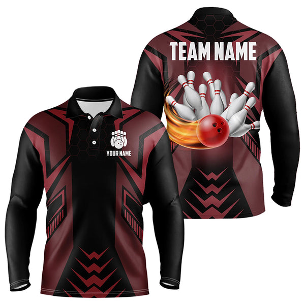 Personalized Black and Red Flame Bowling Polo, Quarter Zip Shirts For Men Custom Bowling Team Jerseys NQS9097