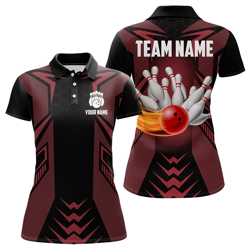 Personalized Black and Red Flame Bowling Polo, Quarter Zip Shirts For Women Custom Bowling Team Jersey NQS9097