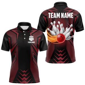 Personalized Black and Red Flame Bowling Polo, Quarter Zip Shirts For Men Custom Bowling Team Jerseys NQS9097