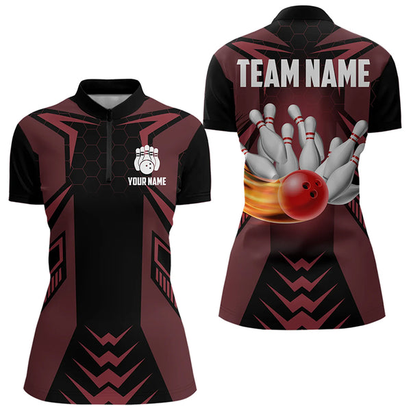 Personalized Black and Red Flame Bowling Polo, Quarter Zip Shirts For Women Custom Bowling Team Jersey NQS9097