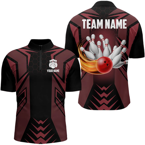 Personalized Black and Red Flame Bowling Polo, Quarter Zip Shirts For Men Custom Bowling Team Jerseys NQS9097