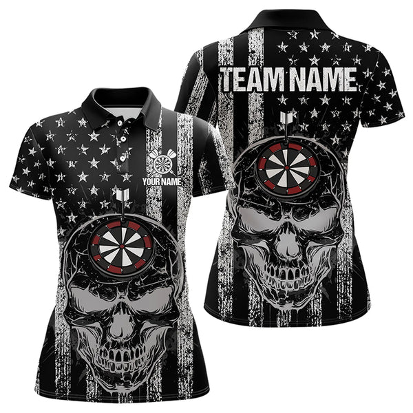 Black and White American Flag Skull Dart Polo, Quarter Zip Shirt For Women Custom Patriotic Dart Shirt NQS9099