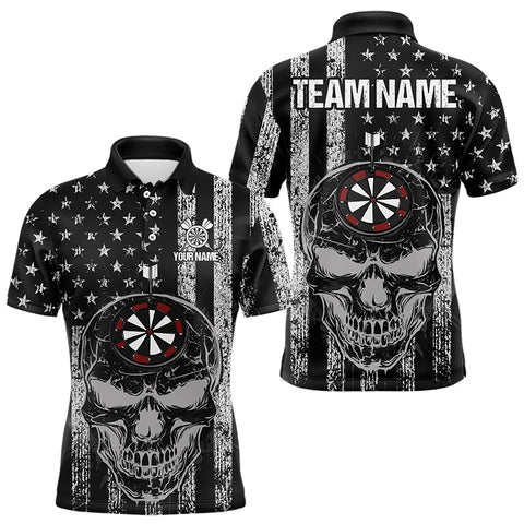 Black and White American Flag Skull Dart Polo, Quarter Zip Shirt For Men Custom Patriotic Dart Shirt NQS9099