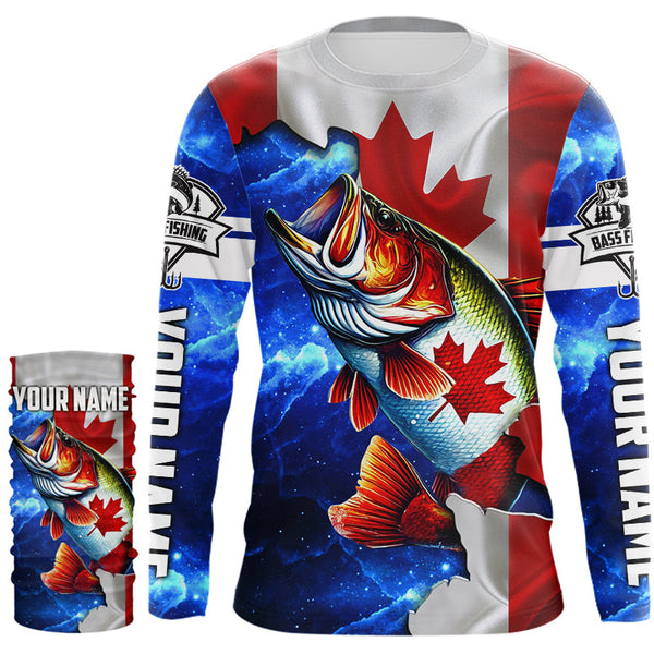 Bass Fishing Canadian Flag patriotic UV protection Custom name long sleeves shirt NQS9309