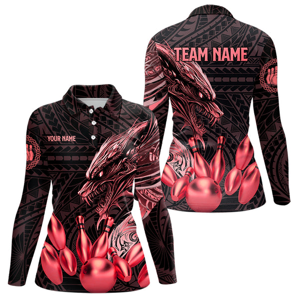 Black and Red Dragon Tribal Bowling Polo, 1/4 Zip Shirts For Women Custom Retro Bowling Team Jerseys NQS9629