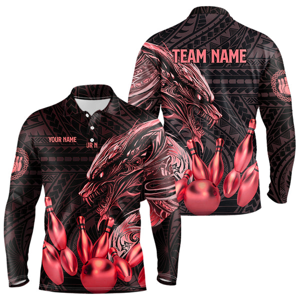 Black and Red Dragon Tribal Bowling Polo, 1/4 Zip Shirts For Men Custom Retro Bowling Team Jerseys NQS9629