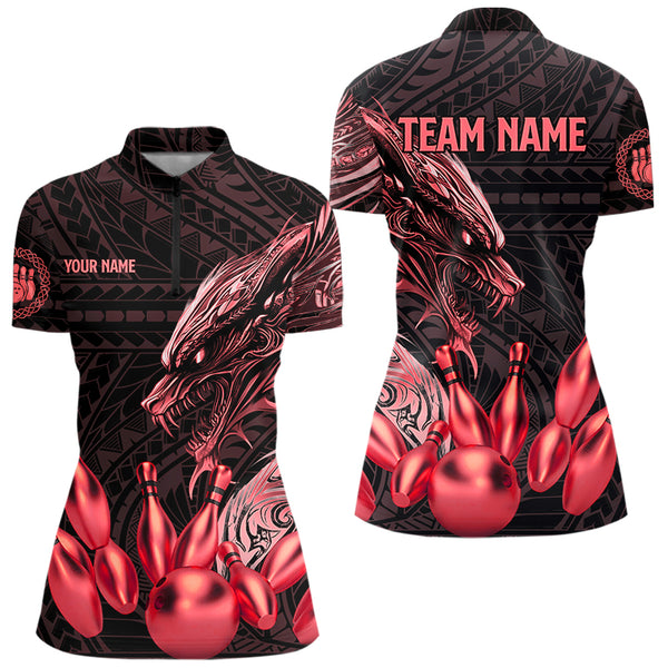 Black and Red Dragon Tribal Bowling Polo, 1/4 Zip Shirts For Women Custom Retro Bowling Team Jerseys NQS9629