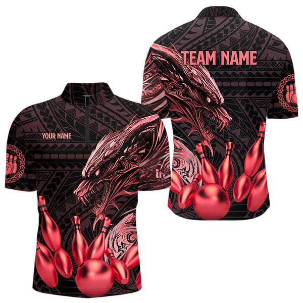 Black and Red Dragon Tribal Bowling Polo, 1/4 Zip Shirts For Men Custom Retro Bowling Team Jerseys NQS9629