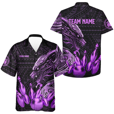 Black and Purple Dragon Tribal Bowling Hawaiian Shirt Custom Retro Bowling Team button up shirt NQS9630