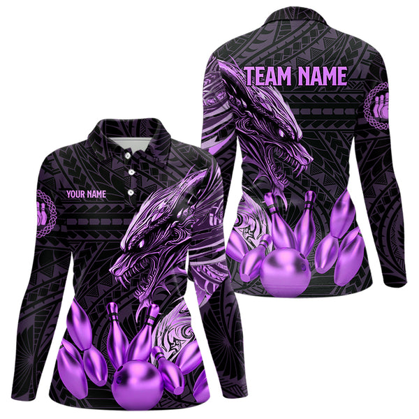Black and Purple Dragon Tribal Bowling Polo, 1/4 Zip Shirts For Women Custom Retro Bowling Team Jersey NQS9630