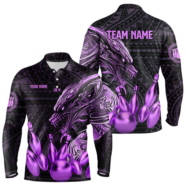 Black and Purple Dragon Tribal Bowling Polo, 1/4 Zip Shirts For Men Custom Retro Bowling Team Jerseys NQS9630