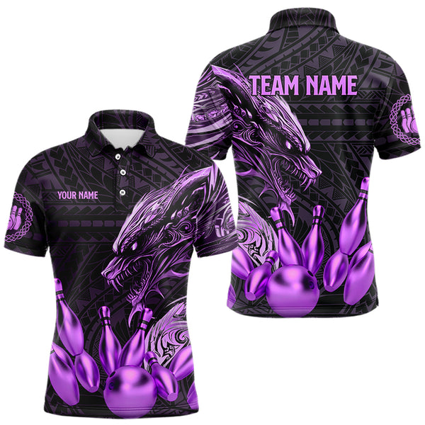 Black and Purple Dragon Tribal Bowling Polo, 1/4 Zip Shirts For Men Custom Retro Bowling Team Jerseys NQS9630