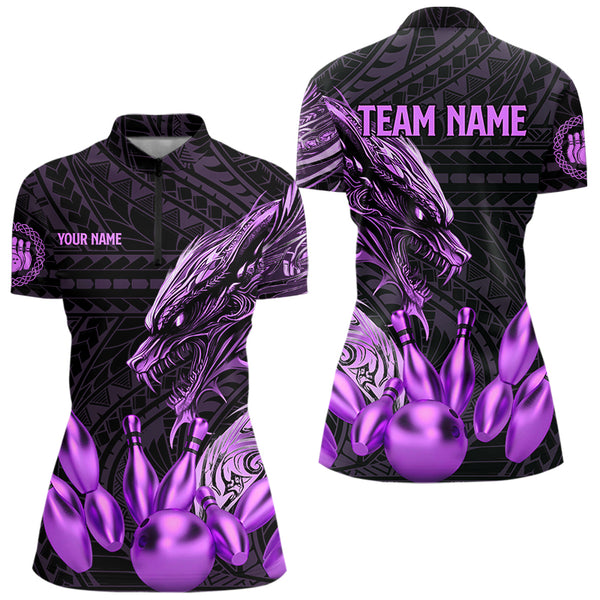 Black and Purple Dragon Tribal Bowling Polo, 1/4 Zip Shirts For Women Custom Retro Bowling Team Jersey NQS9630