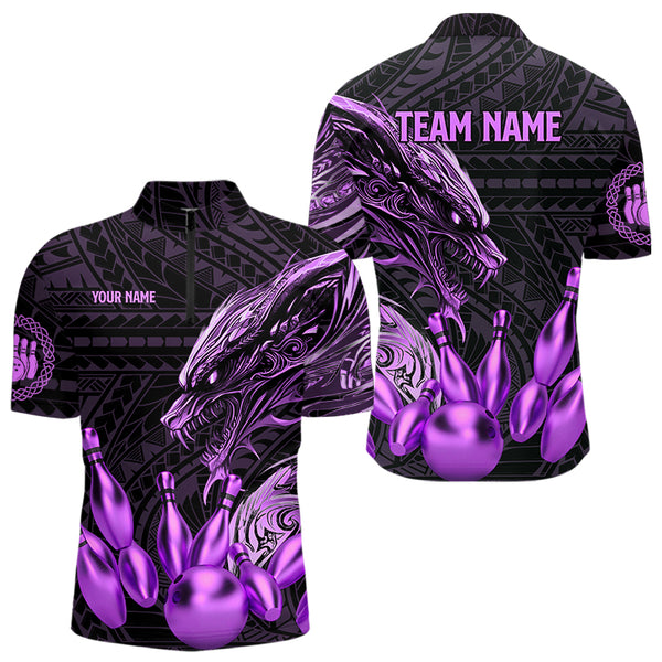 Black and Purple Dragon Tribal Bowling Polo, 1/4 Zip Shirts For Men Custom Retro Bowling Team Jerseys NQS9630