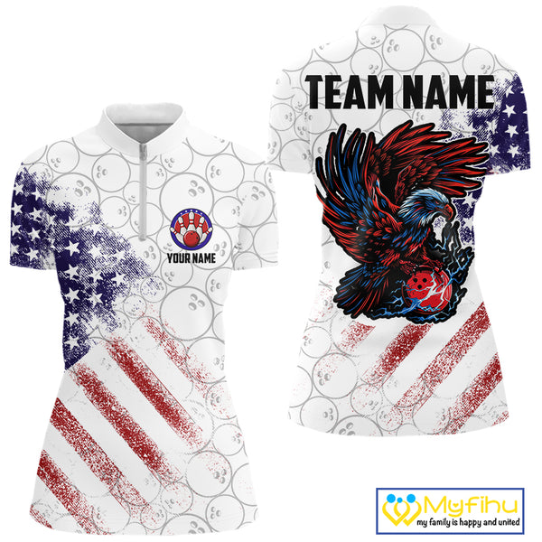 Retro American Flag white camo Eagle Bowling Shirt for Women Custom Patriotic Bowling Team Jersey NQS9819